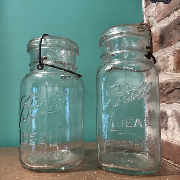 2 Ball Ideal Canning Glass Jars with Wire Bale Round No 10 & Square No 8 - Picture 3 of 16